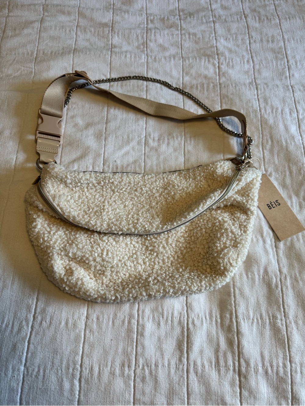 BEIS Cream Sherpa Crescent Crossbody Bag with Chain Strap